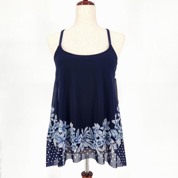 Coco Reef Women Navy Floral Mesh Underwire Beach Swim Tankini Tank Top Size 32C - Picture 2 of 8